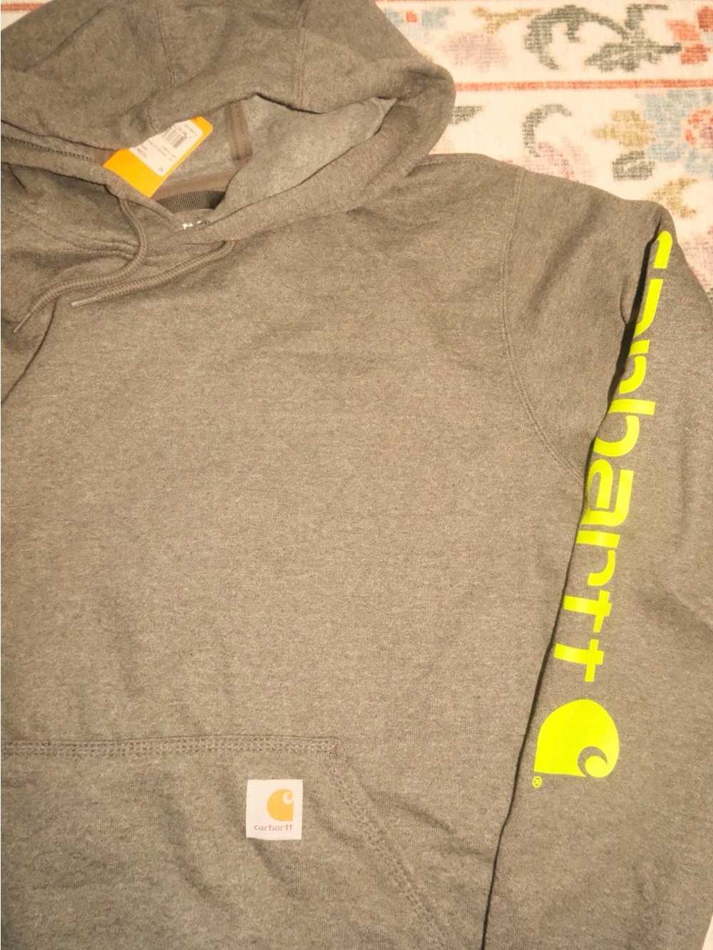 Carhartt GREY Hooded Sweatshirt with Lime Green Sleeve Logo - Picture 2 of 4